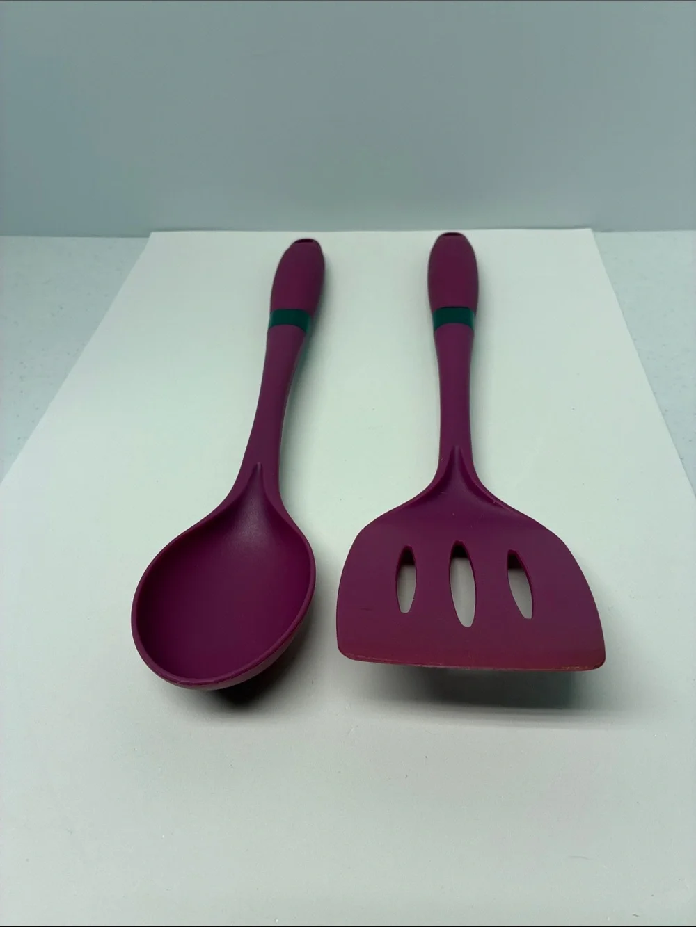 Silicone Cooking Spoon and Slotted Turner Set - Plum with Teal Accent